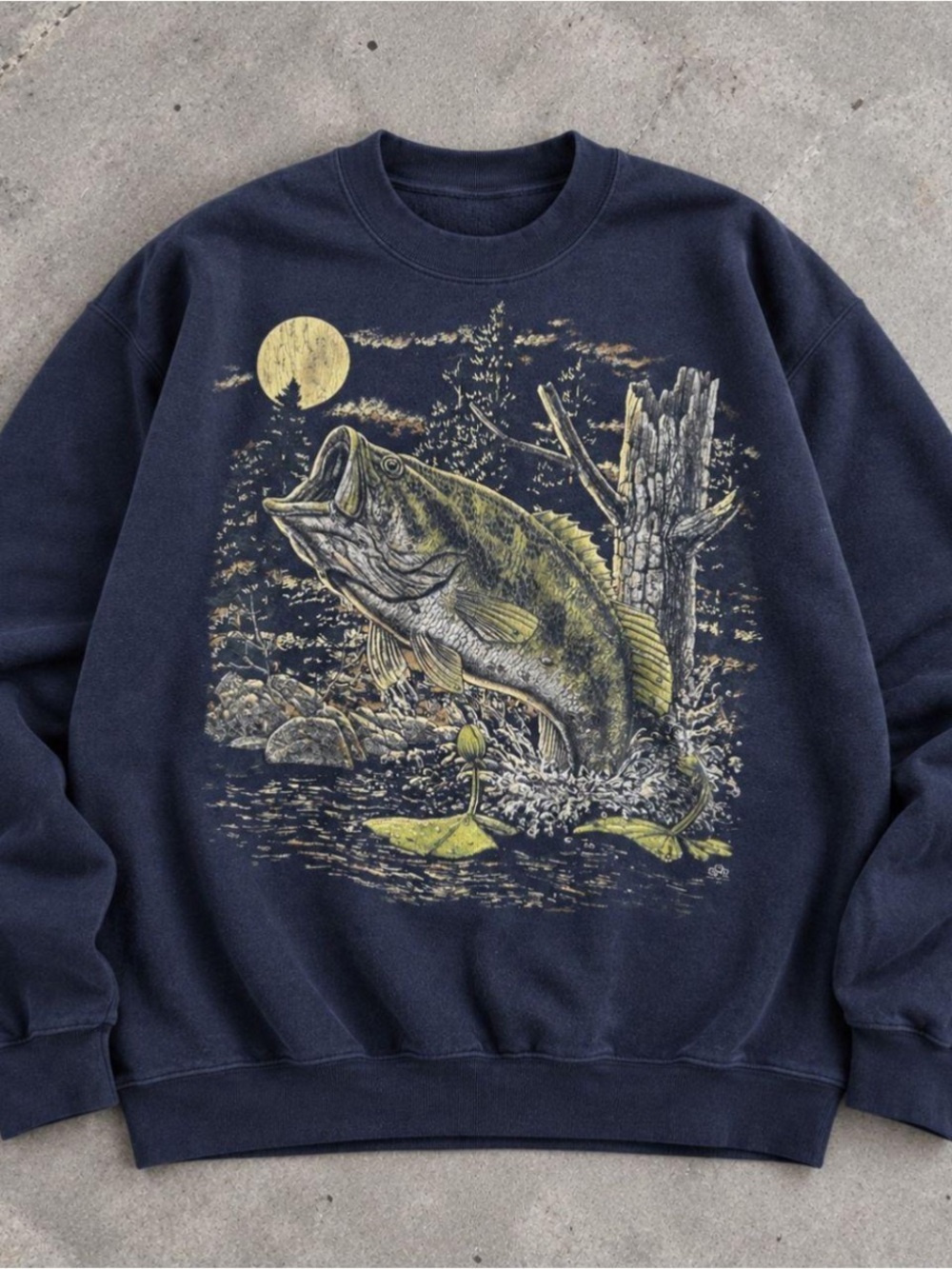 Men's Navy Sweatshirt with Bass Graphic, Outdoor and Vintage Style Outfits